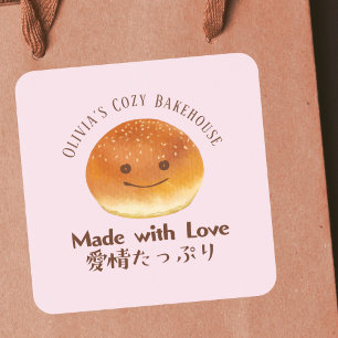 Mit Liebe gemacht Kawaii Brot Rosa Wasserfarbe Quadratischer Aufkleber