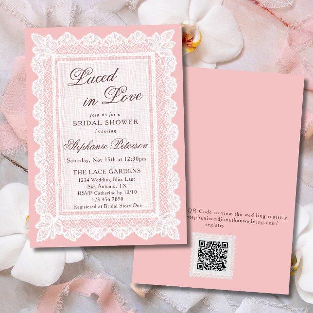 Mit Liebe in Rosa Spitze QR Code Brautparty Einladung (Von Creator hochgeladen)
