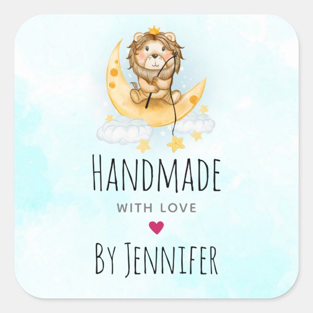 Mit Liebe Niedliche Löwenfischerei auf dem Mond Quadratischer Aufkleber (Vorderseite)