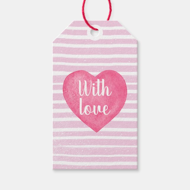 Mit Liebe rosa Herzstreifen Geschenkmarke Geschenkanhänger (Vorderseite)