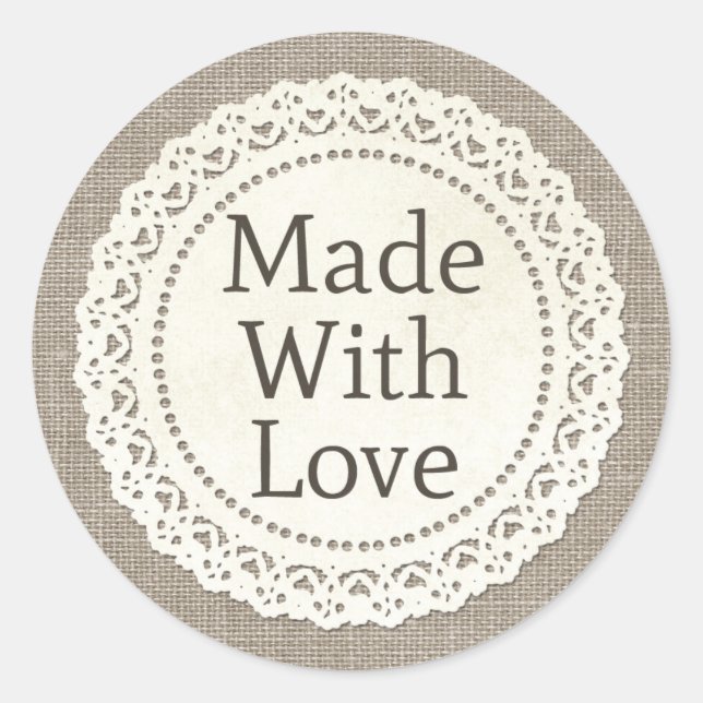 Mit Liebe Rustikale Landspitze Doily auf Burlap Runder Aufkleber (Vorderseite)