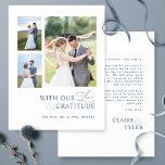 Mit Liebe und Dankbarkeit Foto, Blue Wedding Dankeskarte<br><div class="desc">Vielen Dank für Ihre Gäste mit dieser eleganten, modernen 3-Foto Collage Hochzeit danke Ihnen Karte! Sauberes, schlichtes, weißes und blaues Design mit dem Satz "mit unserer Liebe und Dankbarkeit" in einer Mischung aus moderner Blocktypografie und moderner handgeschriebener Kalligraphie. Zurück mit dem Bereich für Ihre Nachricht und Namen. Einfache Vorlage, wo...</div>
