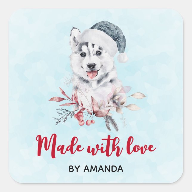 Mit Liebe Weihnachts-Husky-Hund in einer Weihnacht Quadratischer Aufkleber (Vorderseite)