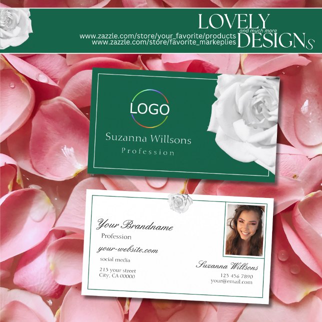Mit Logos und Foto lieblich Weiße Rose auf Grün Visitenkarte (Von Creator hochgeladen)