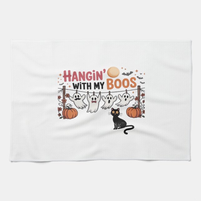 Mit meinen Boos Ghost hängen eine schwarze Katze F Geschirrtuch (Horizontal)