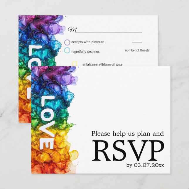 🌈 mit Menü LGBTQ gestrichen mit Liebe Hochzeit RSVP Karte (Vorne/Hinten)