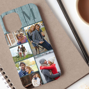 mit Monogramm 6 Foto Collage Coastal Blue Wood Case-Mate iPhone Hülle