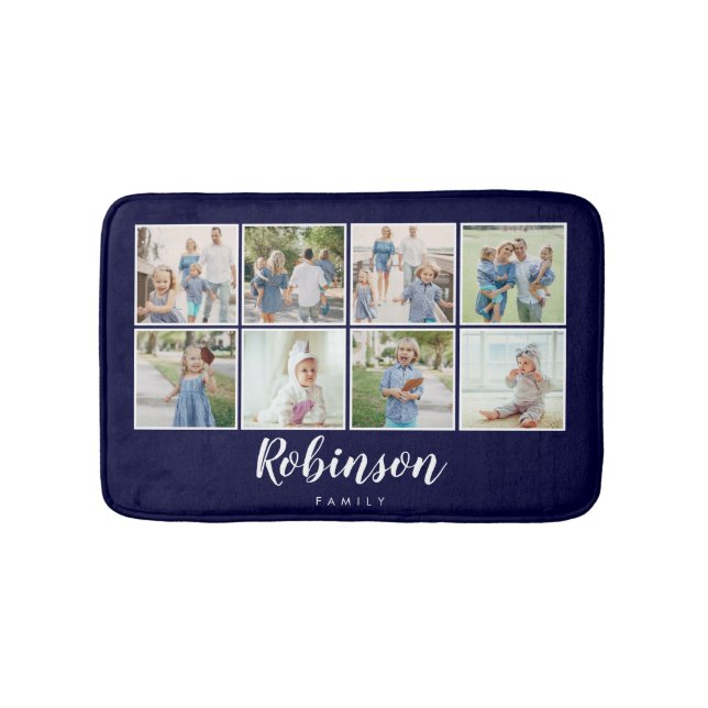 Mit Monogramm 8-Foto-Familie Collage Navy Blue Badematte (Vorderseite)