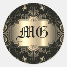 Mit Monogramm Abstrakte Blütenschwarz und Gold Runder Aufkleber
