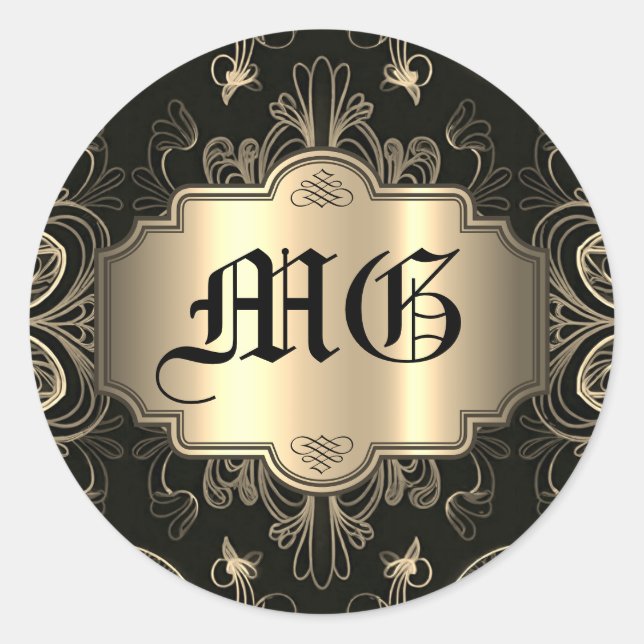 Mit Monogramm Abstrakte Blütenschwarz und Gold Runder Aufkleber (Vorderseite)