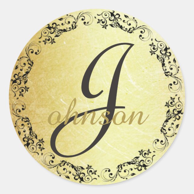 Mit Monogramm Anfänger-Schwarz-Gold-Letter-Sticker Runder Aufkleber (Vorderseite)
