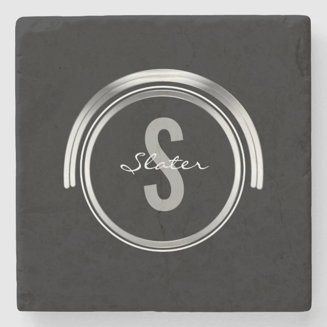 Mit Monogramm Anfangseinfaches schwarzes Silber Steinuntersetzer (Vorderseite)
