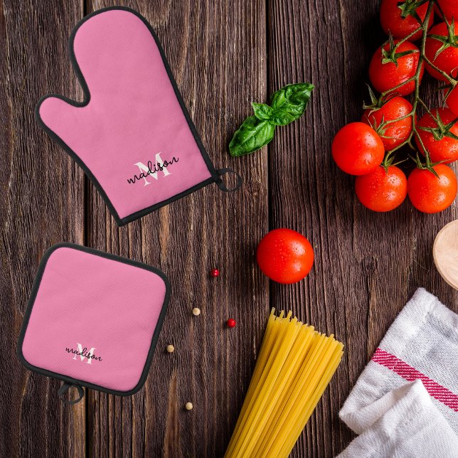 Mit Monogramm Anfangsname Rosa Ofenhandschuh & Topflappen-Set (Monogrammed oven mitt and pot holder)