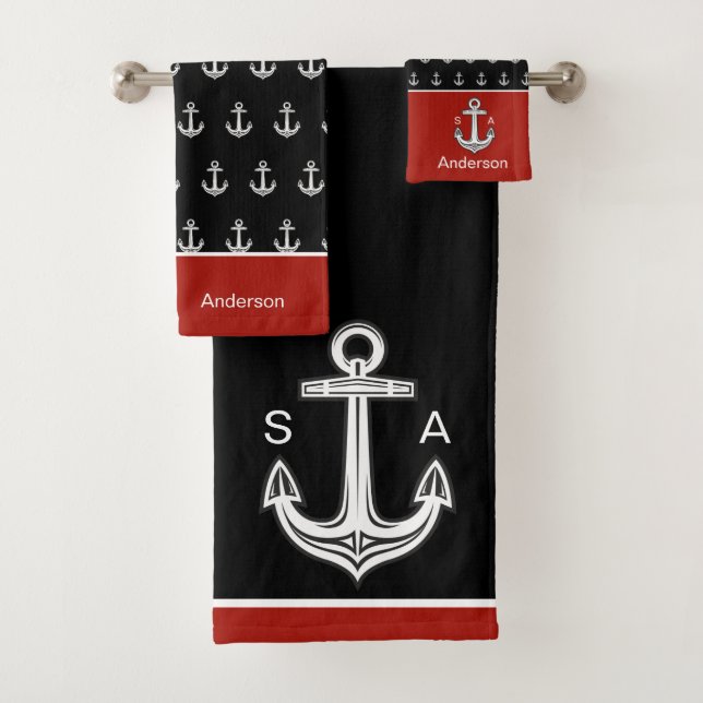 Mit Monogramm Anker, schwarz, weiß, rot Badhandtuch Set (Insitu)