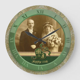 Mit Monogramm antike Damast-Goldgrün-Hochzeit Große Wanduhr