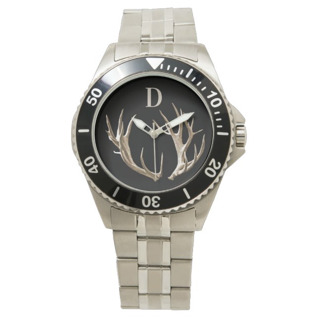 Mit Monogramm Antler Jäger Outdoorsman-Geschenk Uh Armbanduhr (Vorderseite)