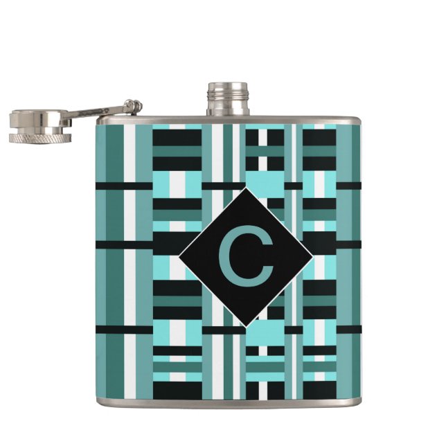 Mit Monogramm Aqua & Black Kariert Flachmann (Geöffnet)