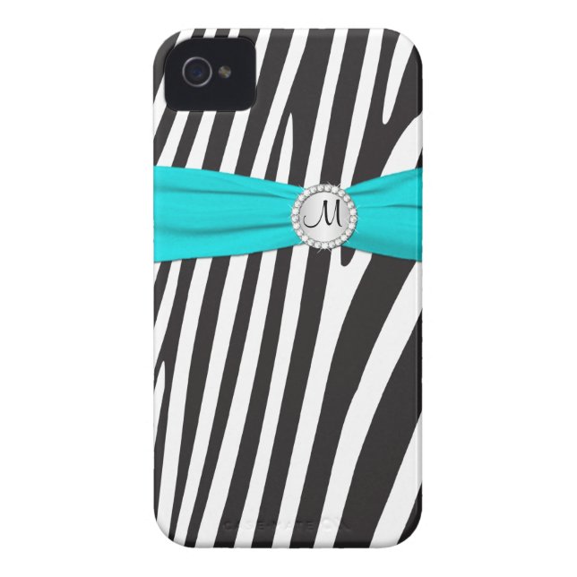Mit Monogramm Aqua, Schwarzes, weißer Zebra Case-Mate iPhone Hülle (Rückseite)