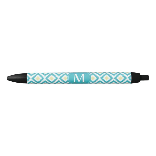 Mit Monogramm Aqua und gelbes Ikat Muster Kugelschreiber (Vorderseite)
