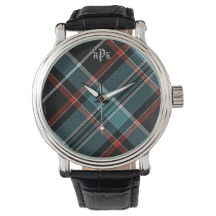 Mit Monogramm Aquamarin, schwarz und rot Kariert Armbanduhr