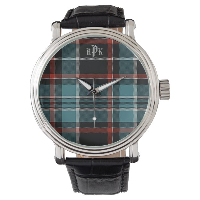 Mit Monogramm Aquamarin, schwarz und rot Kariert Armbanduhr (Vorderseite)