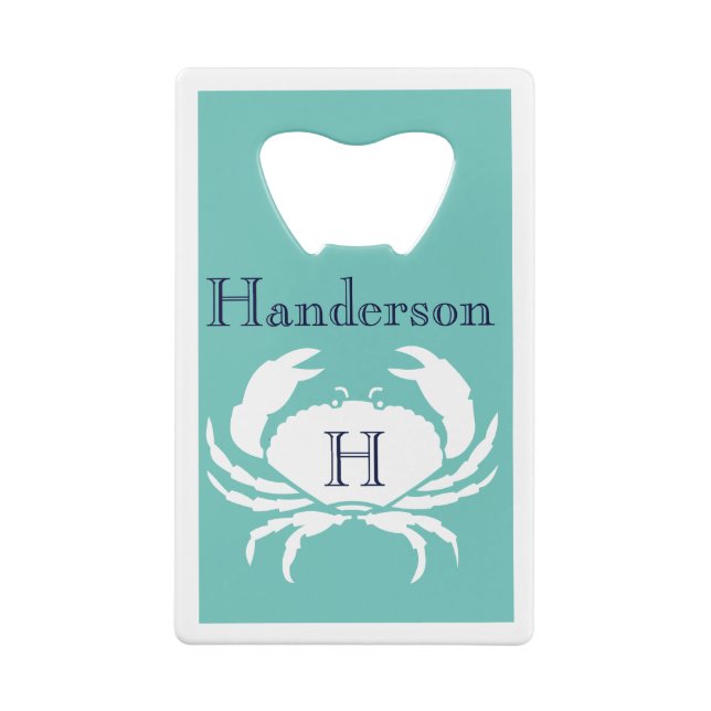 Mit Monogramm Aquamarine Navy Blue White Crab Geldbeutel Flaschenöffner (Rückseite)
