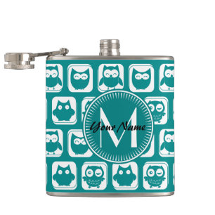 Mit Monogramm Aquamarine und weiße Owlen Flachmann