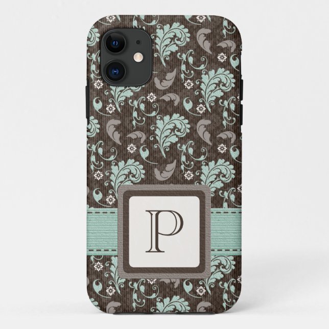 Mit Monogramm aquamariner Brown-Damast Case-Mate iPhone Hülle (Rückseite)