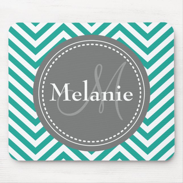 Mit Monogramm Aquamarines Blau und Grau Zigzag Mousepad (Vorne)