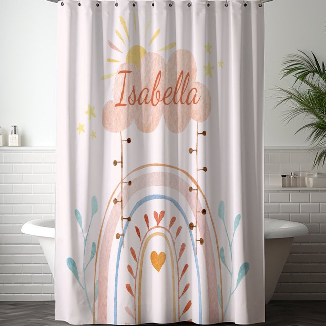 Mit Monogramm Aquarellfarbe Niedlich Regenbogen Ki Duschvorhang (In situ)