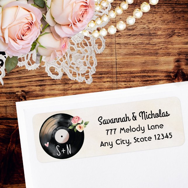 Mit Monogramm Aquarellmuster-Vinyl-Aufnahme (A monogrammed vinyl record return address label with floral accents and vintage, elegant charm. )