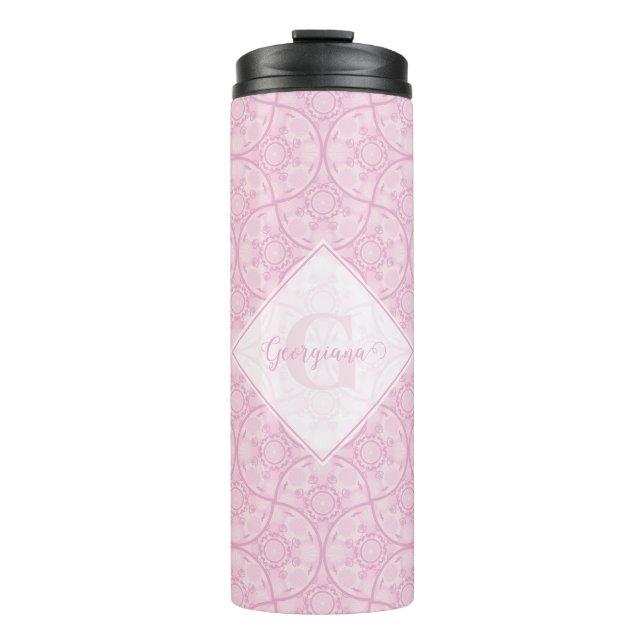 Mit Monogramm Art Deco Fans Preppy in Pink Mandala Thermosbecher (Vorderseite)