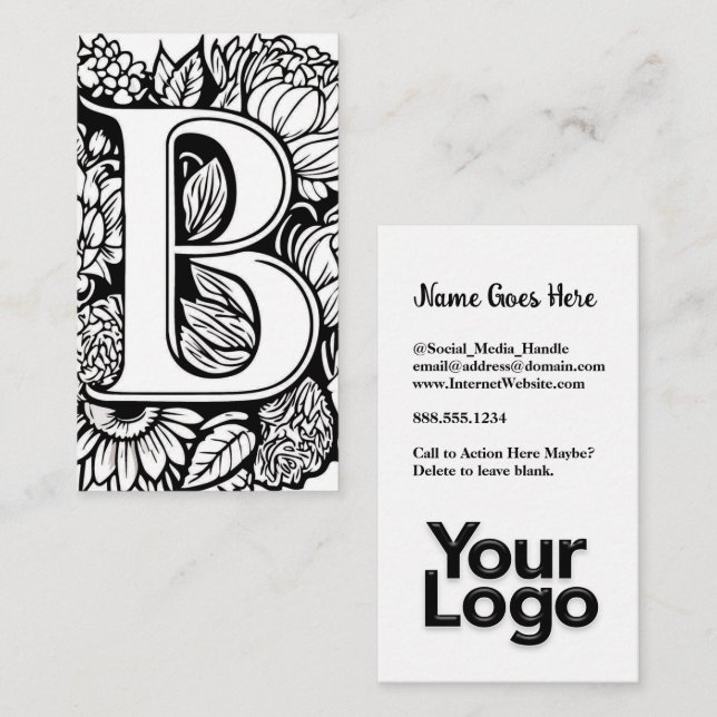 Mit Monogramm B Floral Black and White Company Log Visitenkarte (Vorne/Hinten)