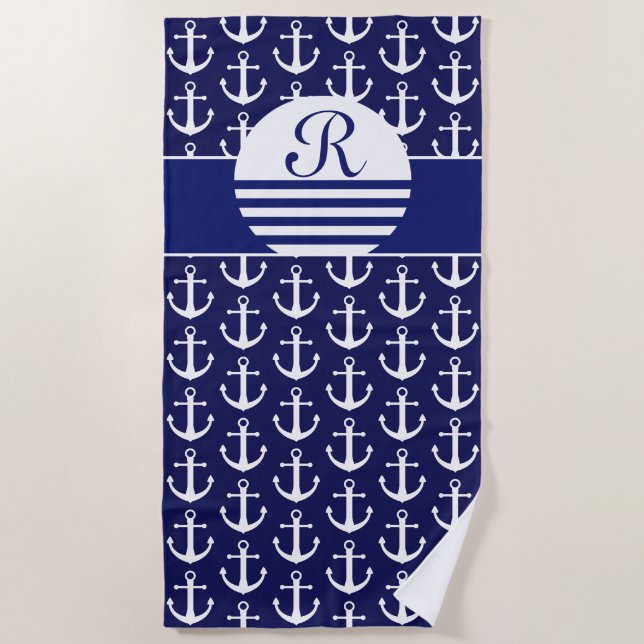 Mit Monogramm Badetücher - Marine-Blau nautisch Strandtuch (Vorderseite)