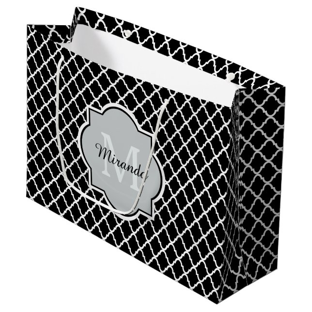 Mit Monogramm Bezeichnung für moderne Schwarzweiß- Große Geschenktüte (Vorderseite Schrägansicht)