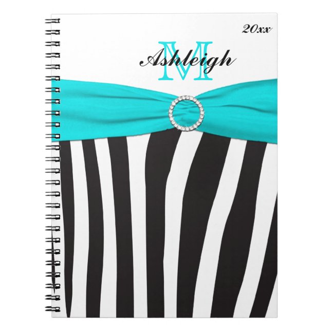 Mit Monogramm Black Aqua White Zebra Strip Noteboo Notizblock (Vorderseite)