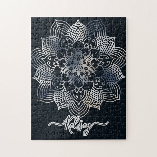 Mit Monogramm Black & Blue Mandala Muster (Vertikal)