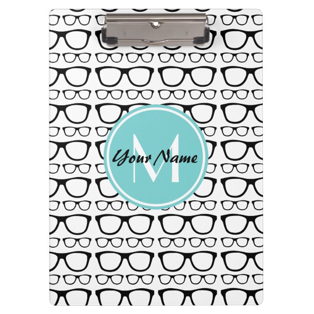 Mit Monogramm Black Glasses Aqua Personalisierter  Klemmbrett (Vorderseite)