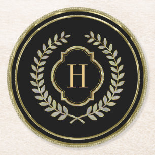 Mit Monogramm Black & Gold Glitzer Wreath-Wappen Runder Pappuntersetzer
