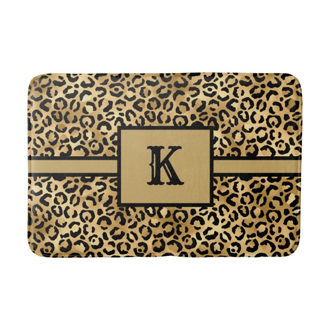 Mit Monogramm Black Gold Leopard Cheetah Print Badematte (Vorderseite)