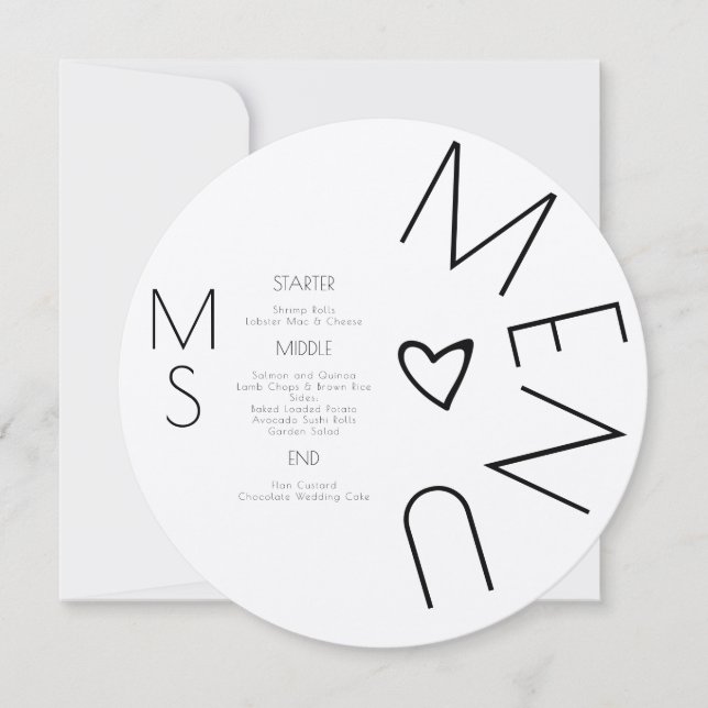 Mit Monogramm Black Heart Wedding Menu (Vorderseite)