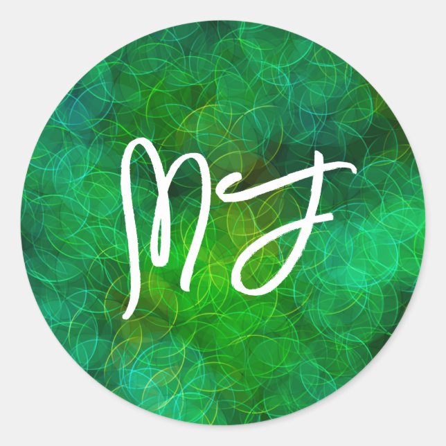 Mit Monogramm Black und Green Bokeh Runder Aufkleber (Vorderseite)