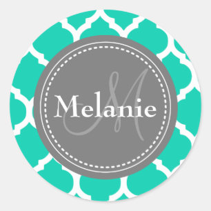 Mit Monogramm Blau & Grau Quatrefolie Runder Aufkleber