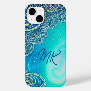 Mit Monogramm Blau und Aquamarine Abstrakte Kunst Case-Mate iPhone 14 Hülle