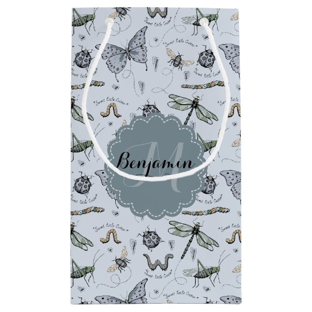 Mit Monogramm blaue Bugs und Insekten Junge Dusche Kleine Geschenktüte (Rückseite)