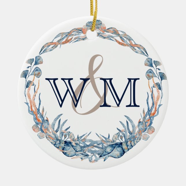 Mit Monogramm Blaue Mauve Muschel Keramik Ornament (Vorne)