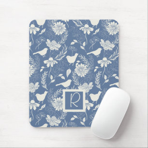 Mit Monogramm Blaue und Creme - Vögel und Blüten Mousepad