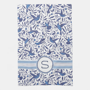 Mit Monogramm blaue Vögel Delfts u. Blatt-Muster Geschirrtuch