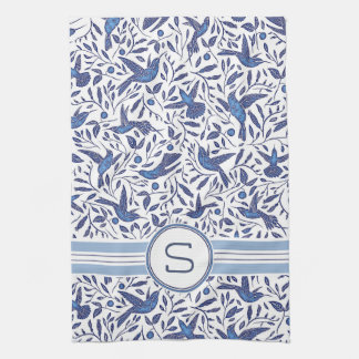 Mit Monogramm blaue Vögel Delfts u. Blatt-Muster Geschirrtuch