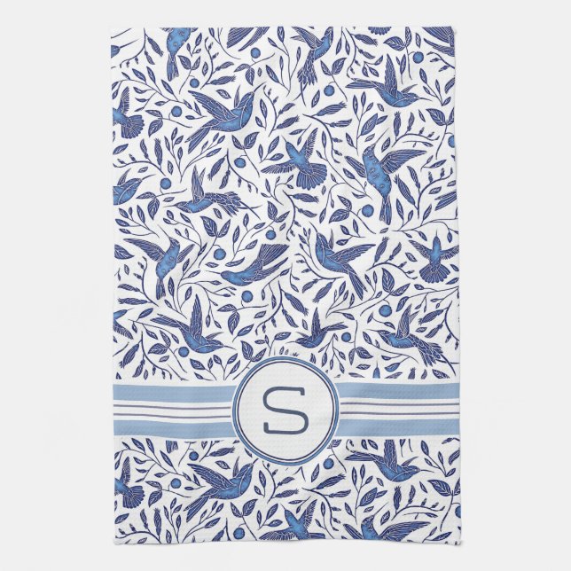 Mit Monogramm blaue Vögel Delfts u. Blatt-Muster Geschirrtuch (Vertikal)